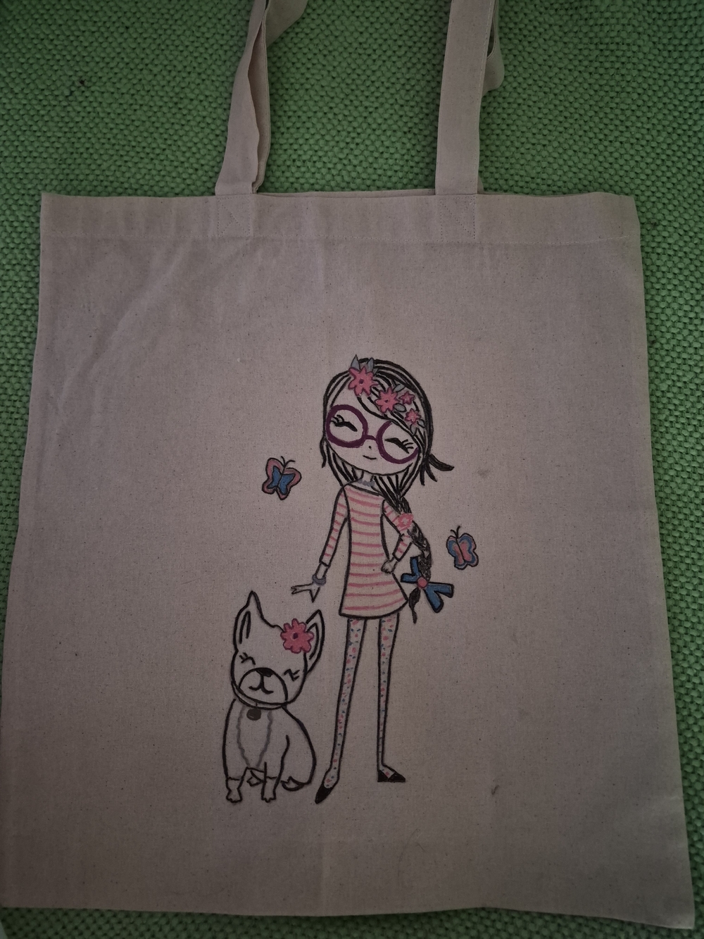 Girls' Canvas Tote W/Pink  Girl and Dog Design In Pink & Blk. Hand Painted By Me